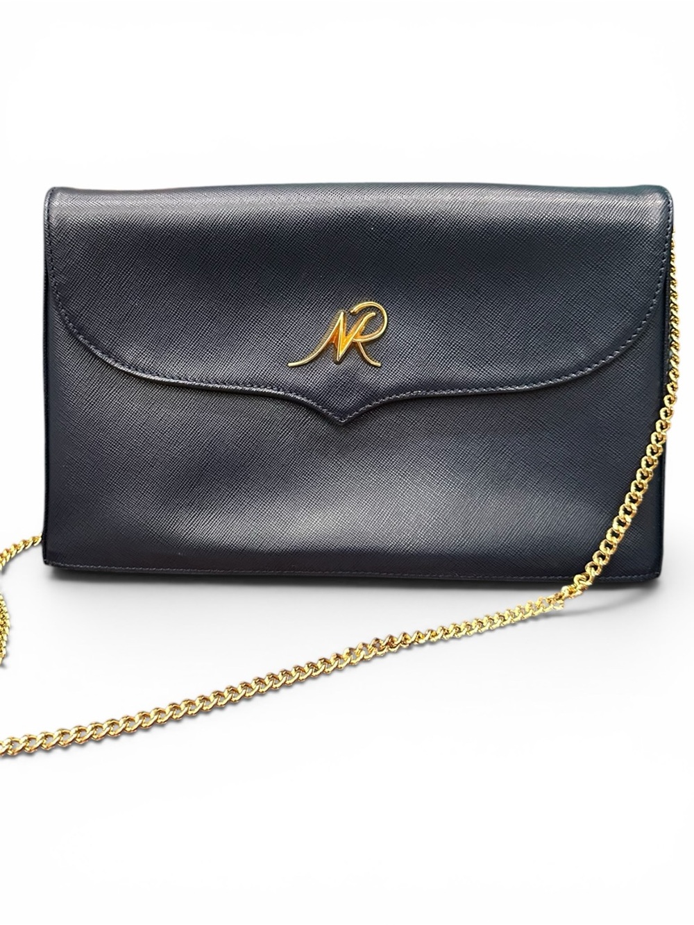 Vintage Nina Ricci Navy Saffiano Leather Envelope Clutch Chain Shoulder Bag